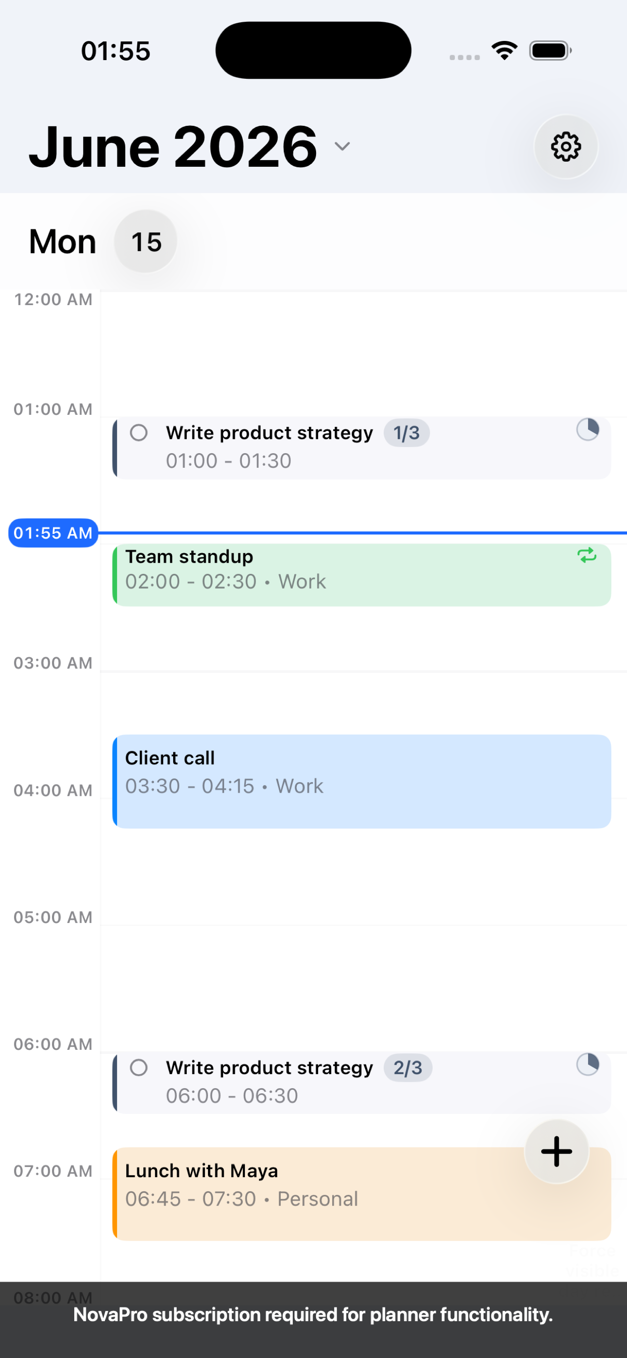 NovaPro auto-scheduled task chunks on a day timeline