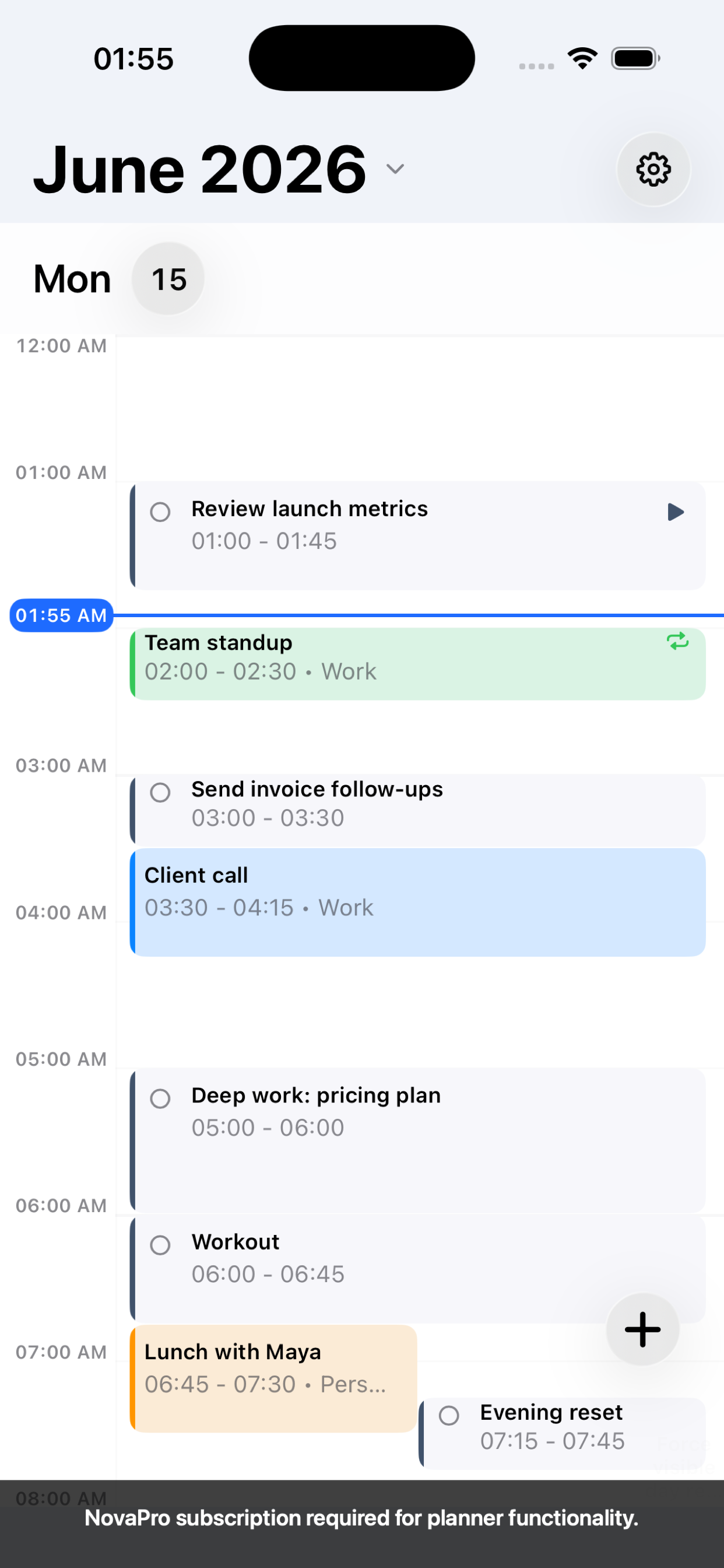 NovaPro day plan with calendar events and scheduled tasks